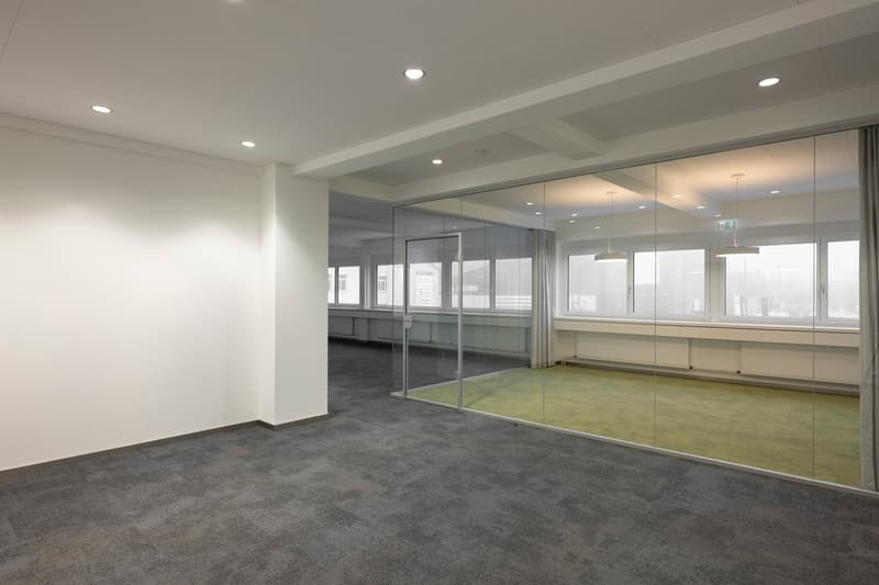 spacious, modern office with large windows, glass walls, and gray carpet