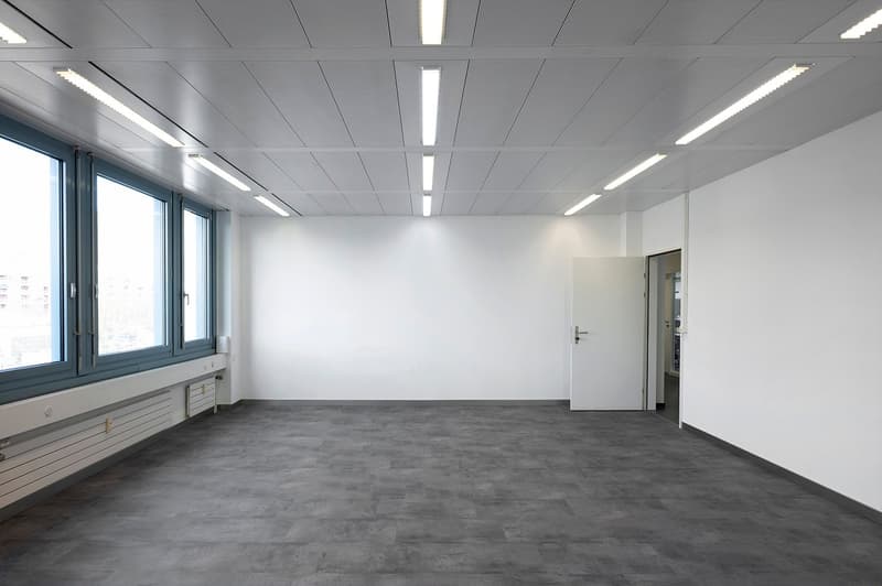 Empty room, white walls, grey flooring, large windows, ceiling lights, door at the end