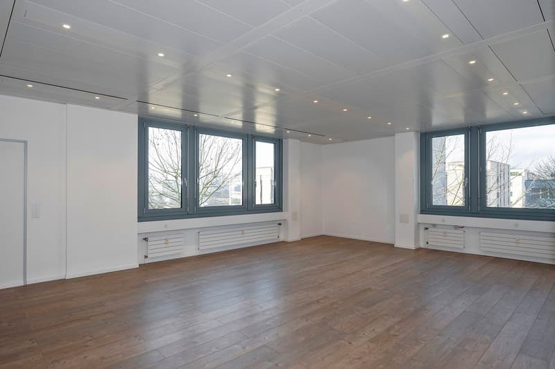 empty room, wooden floor, large windows, white walls, heating units below the windows