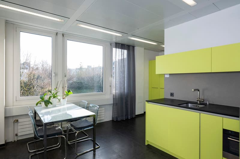 small kitchen with lime green cupboards, shiny countertops, glass table with 2 chairs, sink with tap, window