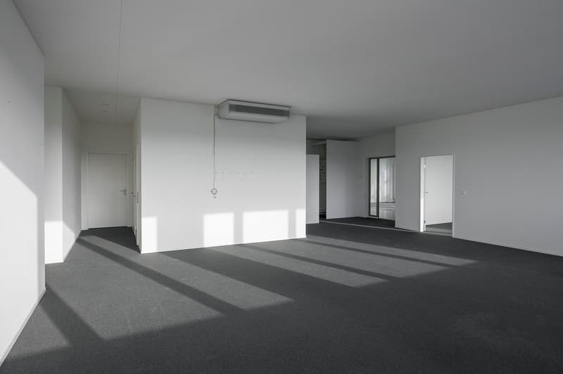 Open floor with carpeted floor, white walls, three doorways, glass window on the right side