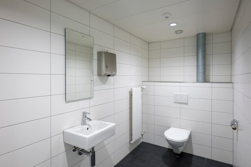 All white bathroom with modern sink, mirror, and toilet. Wall mounted paper roll holder.