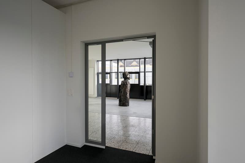 Empty room, white walls, gray tiles, glass entrance door, small carpet, statue, bright light from outside
