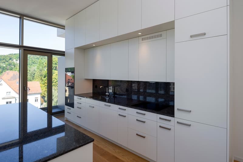 modern kitchen, white cabinets, black granite countertops, black granite sink, built-in oven, large windows, view of house
