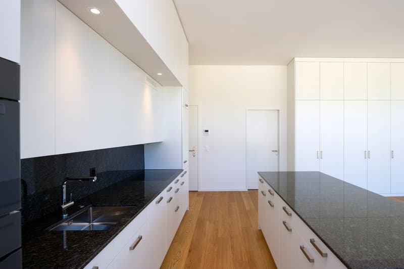 Modern kitchen with white cabinets, black countertops, stainless steel sink, large island with granite countertops, wooden floors
