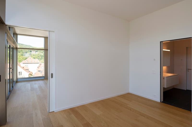 large windows, balcony, wooden floor, white walls, hallway