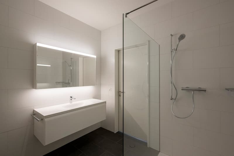Bathroom with glass shower, white tiles, white vanity with sink, mirror, and shower