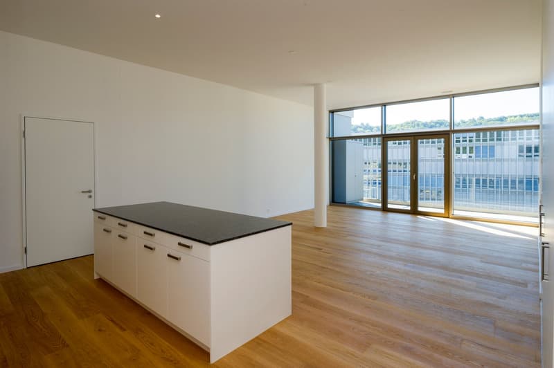 Empty room with white cabinets, black granite counter, wooden floor, glass doors leading to a balcony.