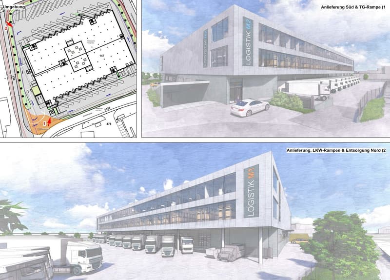 Floor plan of a logistics center with multiple sections, delivery ramps, and parking areas.
