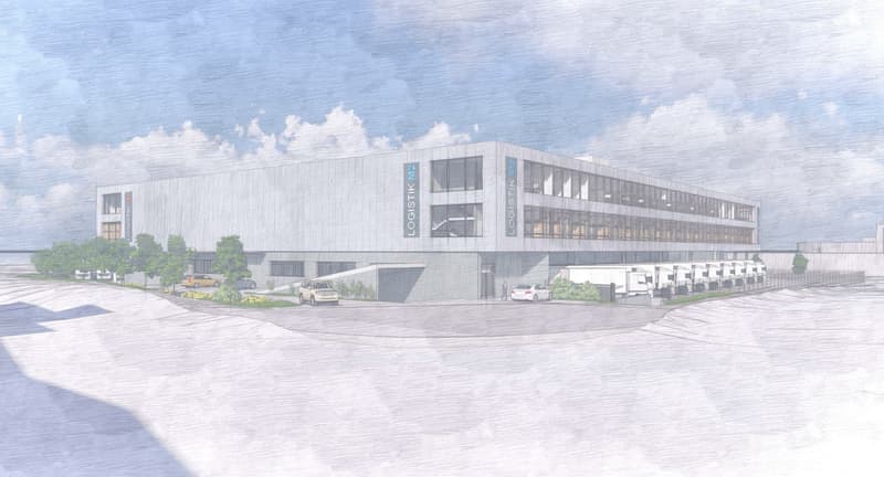 Logistics building, large windows, parking area, cars parked in front, trees in front