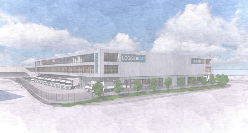 Logistics building, large windows, multiple trucks parked, trees, fenced area
