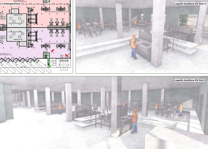 Floor plan of a logistics center with multiple sections, including storage areas, loading docks, and office spaces.