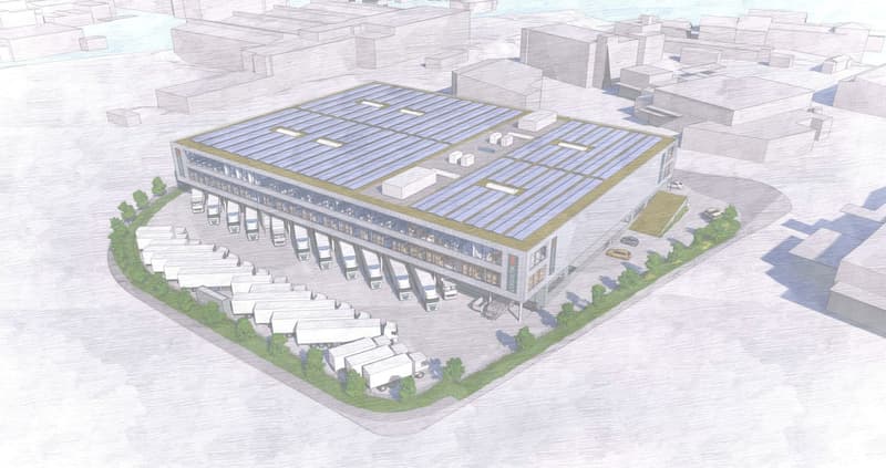 Logistics building with solar panels on the roof, multiple parking spaces for trucks