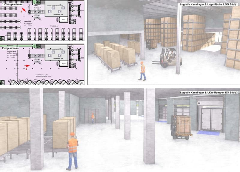 Logistic area with storage boxes, forklifts, and workers