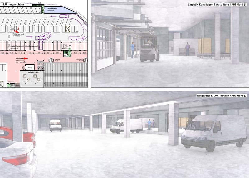 Logistics area with underground garage, loading docks, and parking spaces