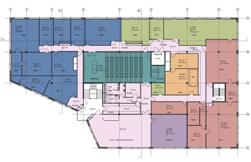 Various office and meeting rooms, technical room, lecture halls, auditorium, storage spaces, kitchens, and sitting areas.
