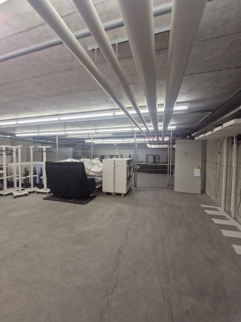 Storage space, white shelving, ceiling pipes, storage boxes, furniture