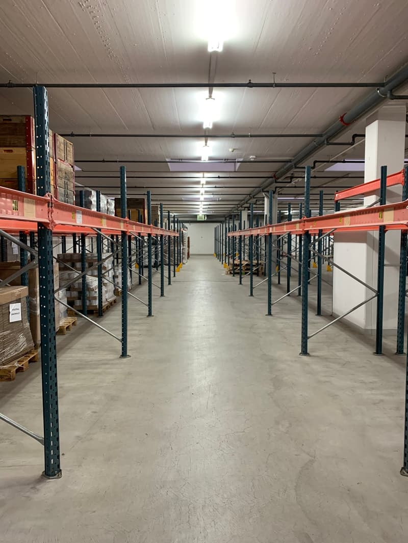 Warehouse with high shelves and metal beams, storage boxes on shelves, metal beams on the ceiling, fluorescent lights