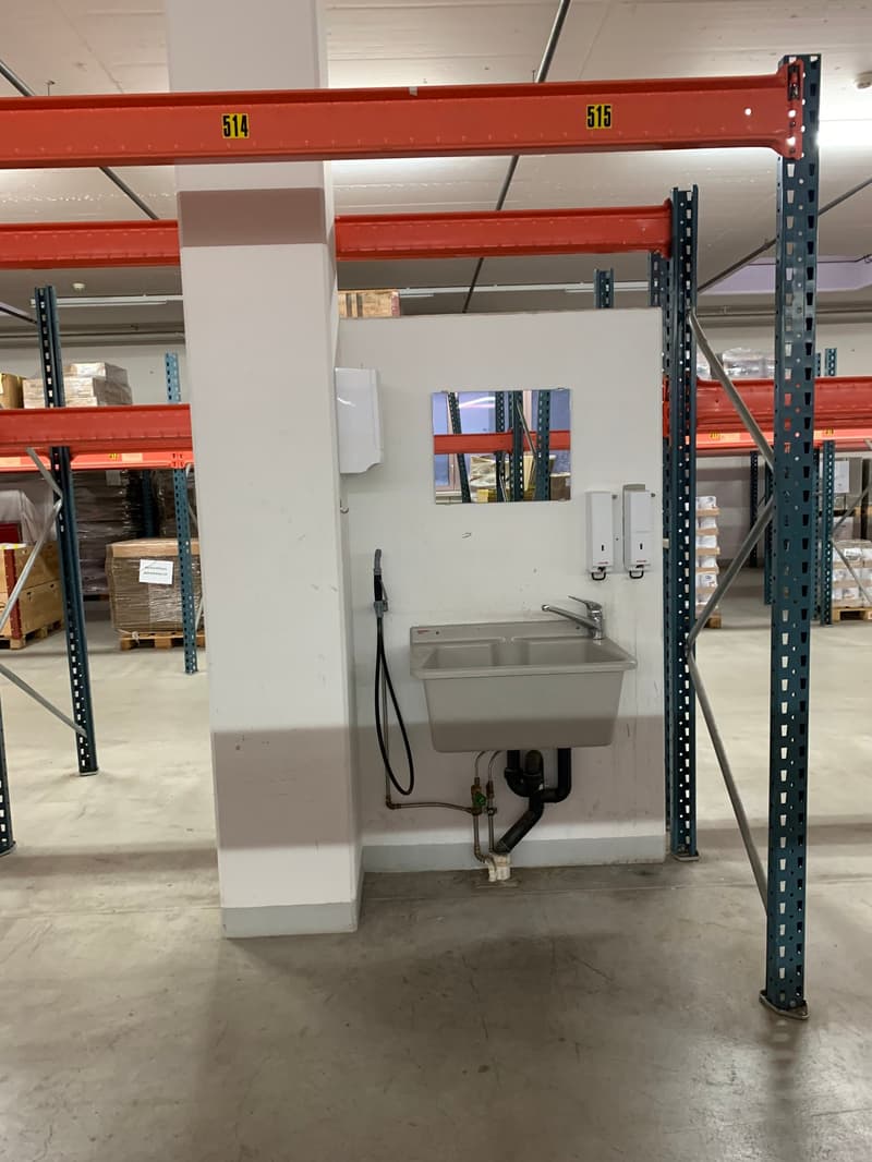 utility room with sink and mirror, metal shelving units, large storage boxes