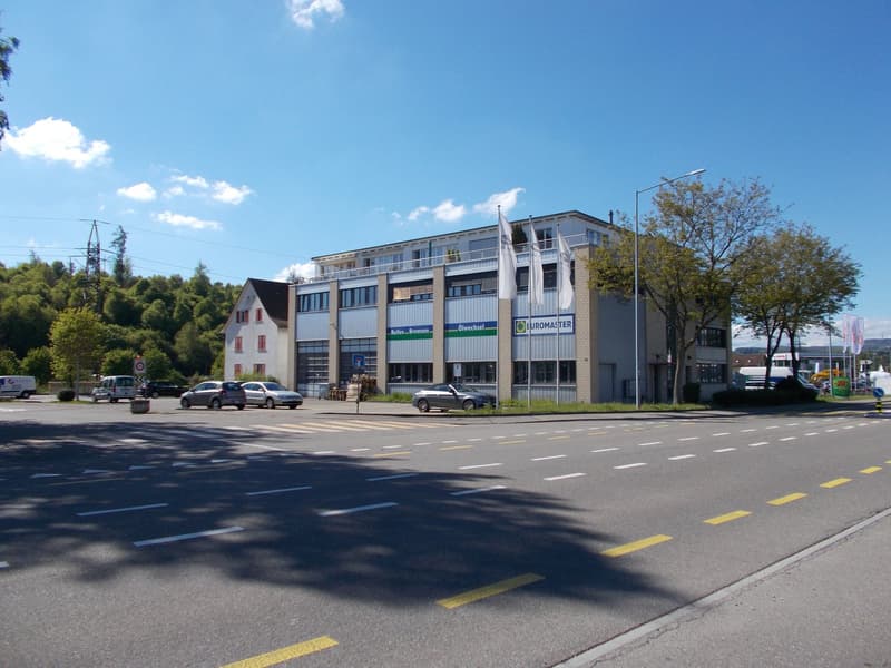 A building is situated on the corner of a road. Cars are parked outside of the building. Two flagpoles with flags are located in front of the building.