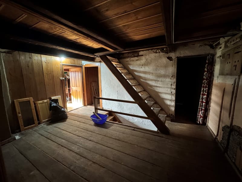 wooden floor, wooden wall, wooden stairs, open door, trash bag, blue bucket