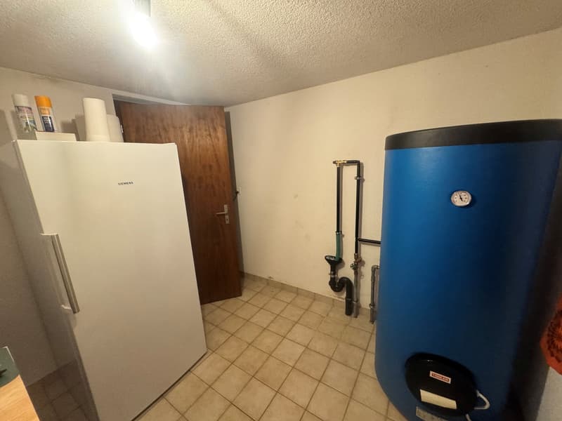 A room with white refrigerator, wooden door, tiled floor, water heater, pipes
