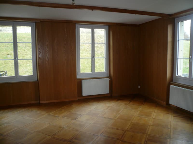 Empty room with wooden paneling, white radiators, and tiled floor.