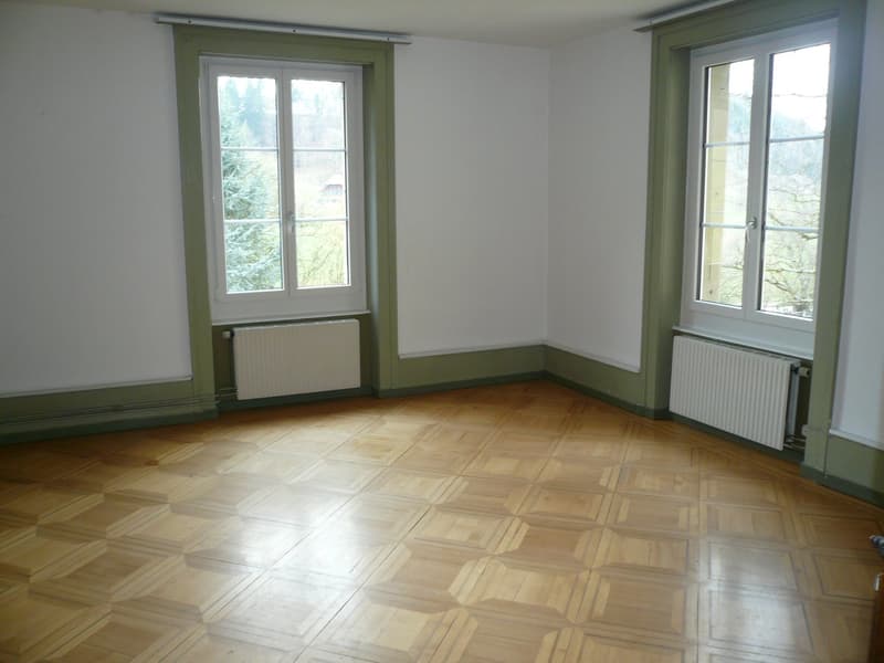 Wooden parquet floor, white walls, two windows with white frames and radiators beneath