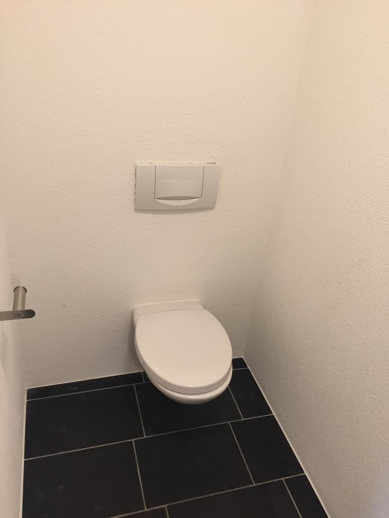 A small corner bathroom with a toilet, mounted flush button, and black tiles.