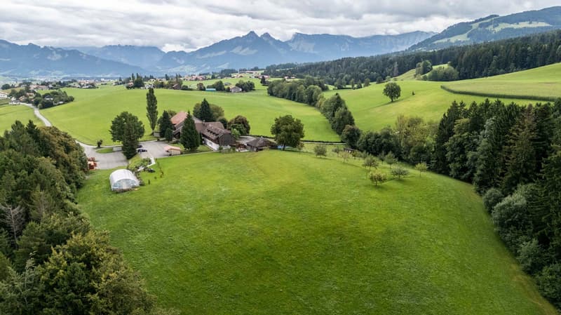 House with outbuildings, located on a hillside with a wide view of the mountains, garage