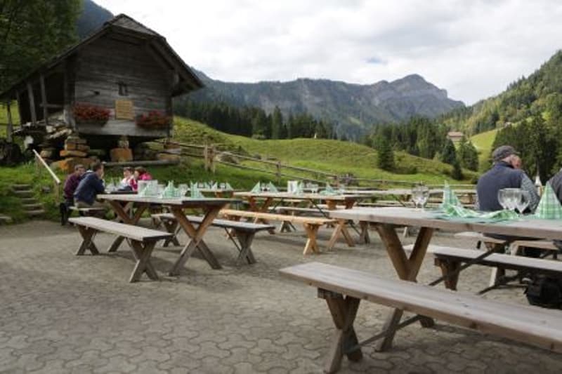 people seated on picnic tables with a beautiful mountain view
