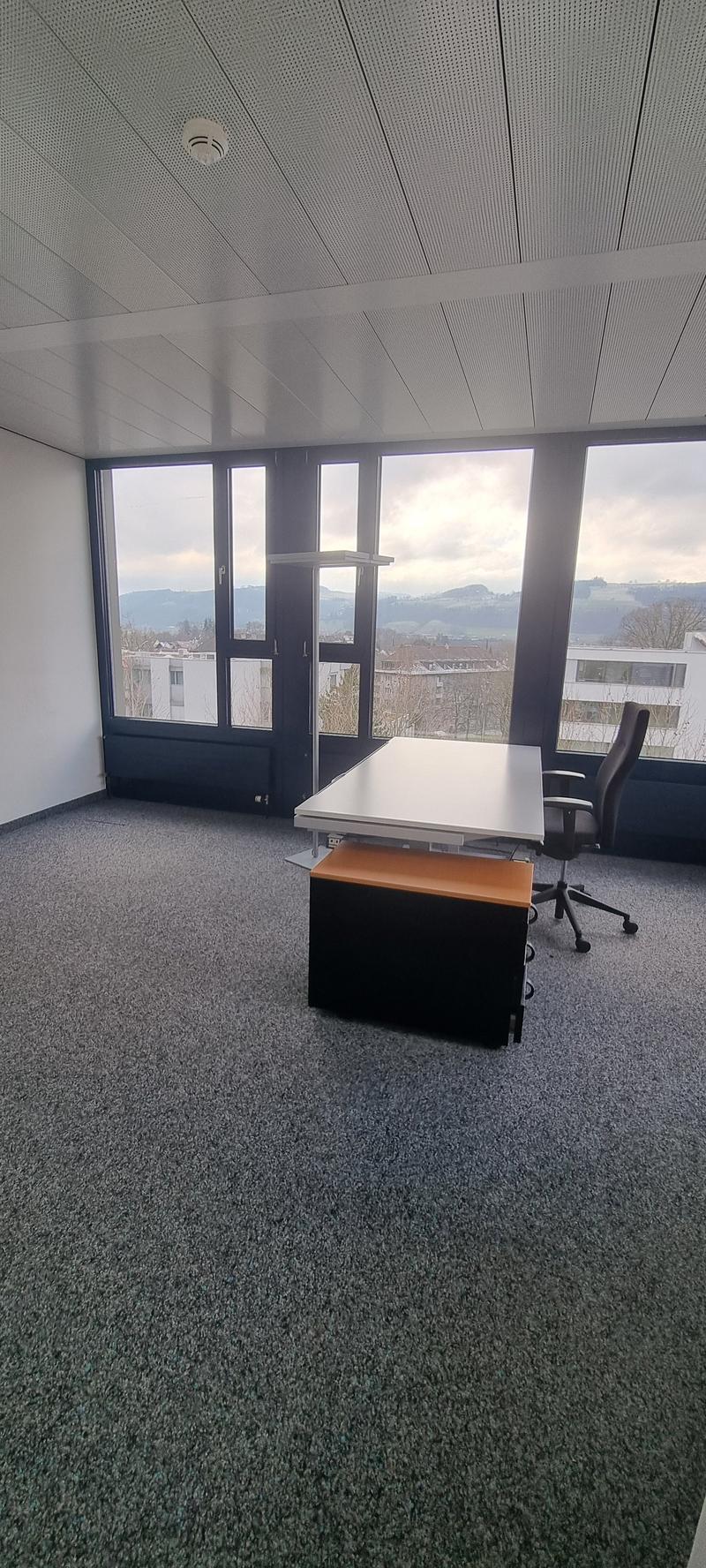Spacious office with large windows offering a scenic view, gray carpeted floor, white ceiling with recessed lighting, black office chair, and a desk with a computer monitor.