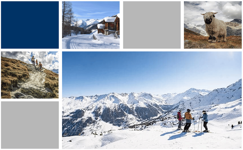 Collage of images showing snowy mountains, a wooden cabin, a sheep, a group of people hiking, and skiers on a mountain