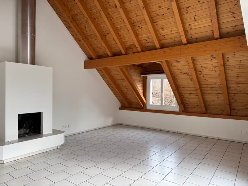 empty room, fireplace, ceiling with wooden beams, white tile floor, window