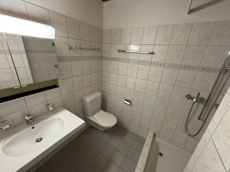 Bathroom with a toilet, sink, bathtub, and shower. Tiled walls and floor.