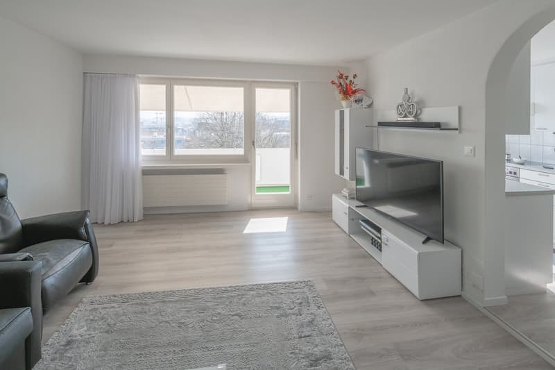 modern living room, white walls, wooden floor, large windows, balcony, black leather couch, flat screen TV, white entertainment center, rug
