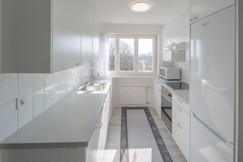 modern kitchen with white cabinets, granite countertop, double sink, microwave, refrigerator, and a window with a view