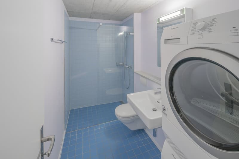 Laundry room with front-load washing machine and a shower room with a toilet and sink