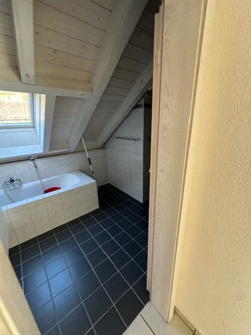 Bathroom with bathtub and black tiled floor, shower and white walls.