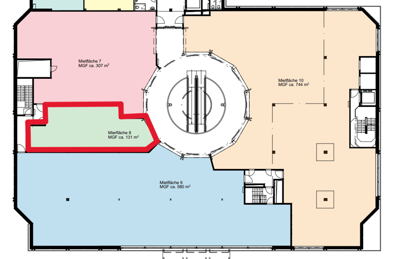 Floor plan with multiple rooms and areas labeled with their approximate sizes in square meters.