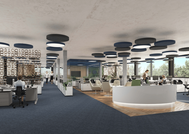 modern office space with blue carpet, white desks, chairs, round reception desk, hanging lamps, plants, glass windows, people