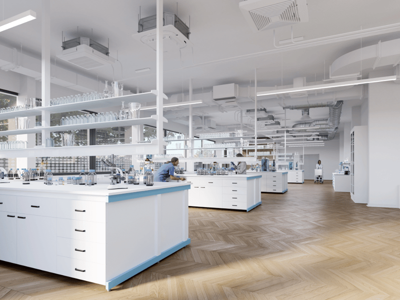 modern laboratory, white cabinets, blue trim, white shelves, white ceiling, wooden floor, multiple workstations, glass containers, lab equipment