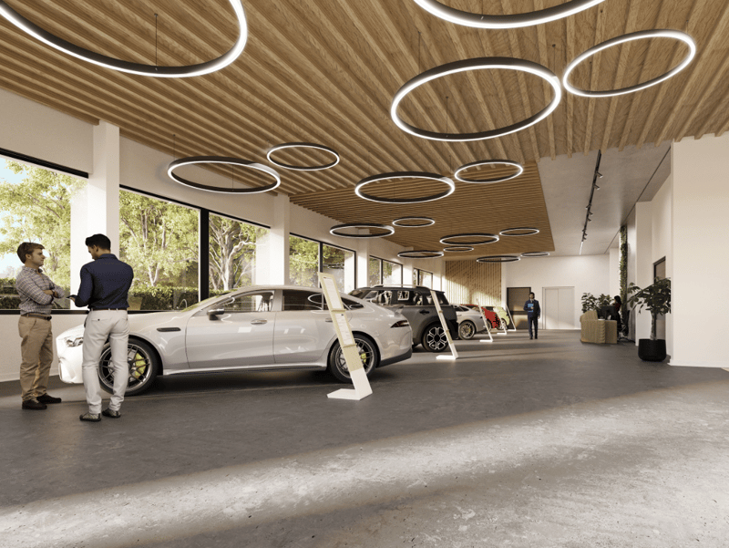 modern design, large windows, wooden ceiling, cars on display, circular lights