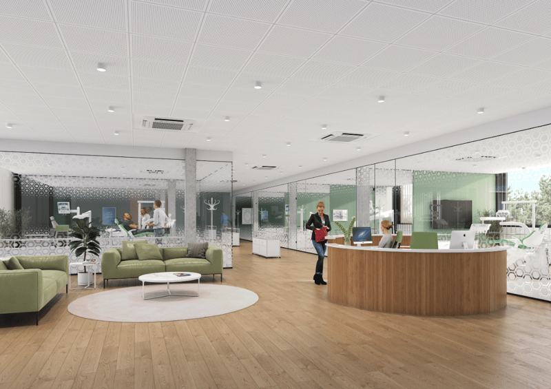 modern office with wooden floor, white ceiling, glass walls, reception desk, couches, coffee table, plants, monitors, and people