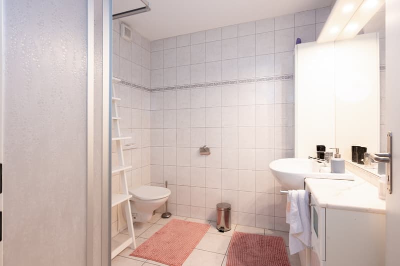 white tiled walls, white toilet, white sink, white cabinet, pink rugs, white towels, trash can, shower curtain