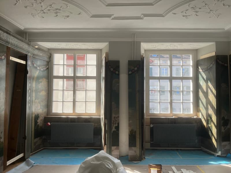 empty room, two windows, radiators, blue floor, white ceiling with decorations