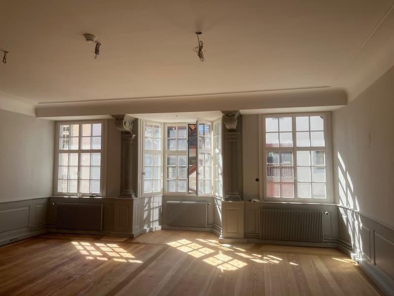 large room, wooden floor, white walls, large windows, radiators, sun rays