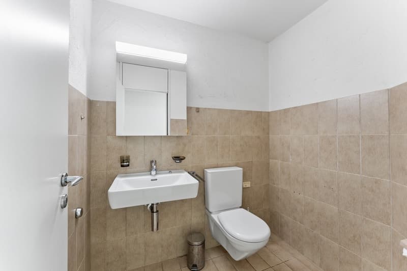 white tiles, white sink, white toilet, mirror, trash can