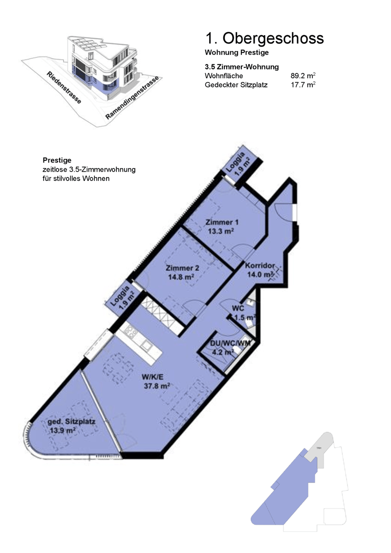 3.5 room apartment, covered seating area, separate toilet, kitchen/dining/living room, 2 bedrooms, hallway