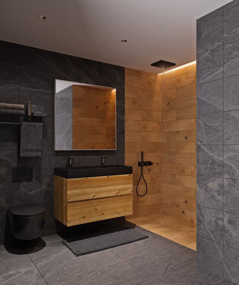 Modern minimalist bathroom, black and gray theme, wooden walls, floor and vanity, walk-in shower, and marble tiles.